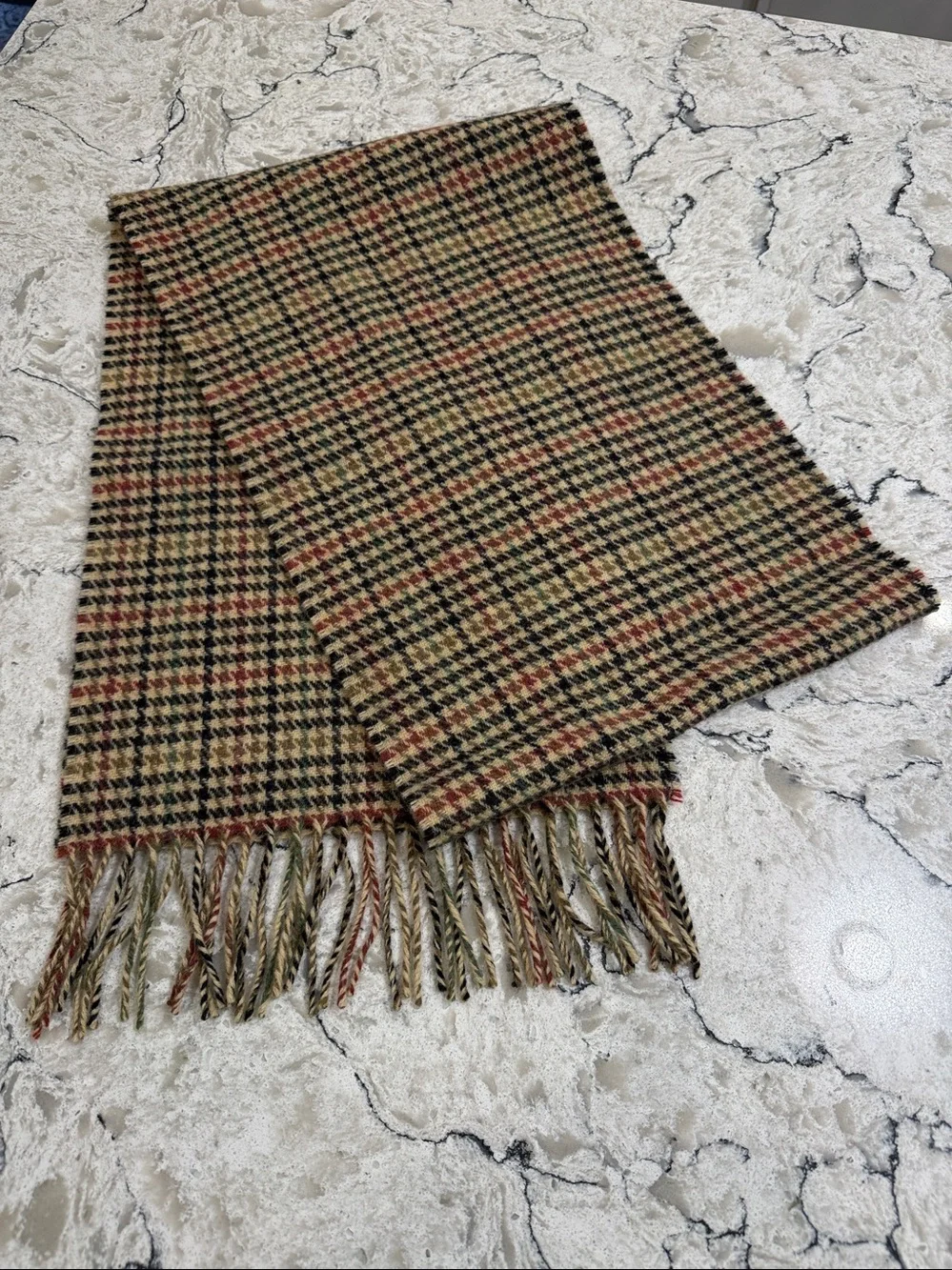 Foxford Ireland 100% Lambswool Plaid Houndstooth Scarf Tan Brown Green Fringe